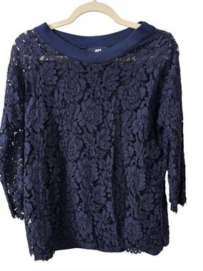 JEFF Brussels Sporty Chic Navy Guipure Lace Top with Cami Liner Cotton Blend S